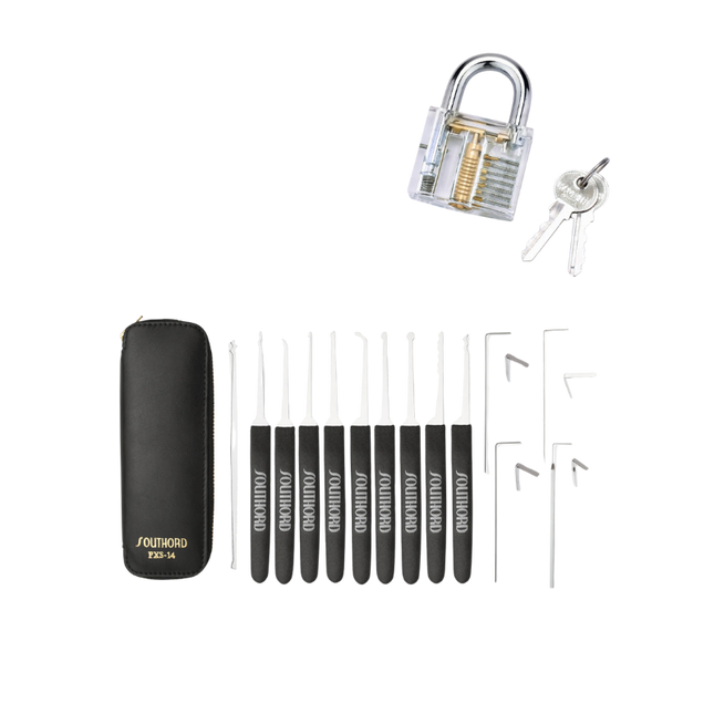 Southord PXS-14 lockpick set met doorzichtig oefenslot!